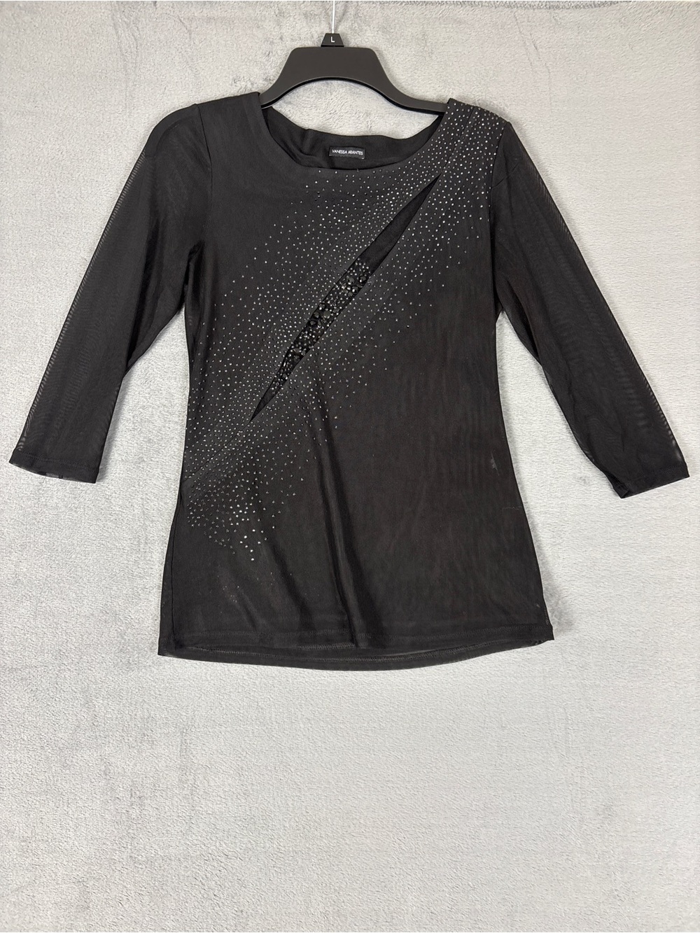 Vanessa Arantes Black Rhinestone Cutout Three-Quarter Sleeve Top